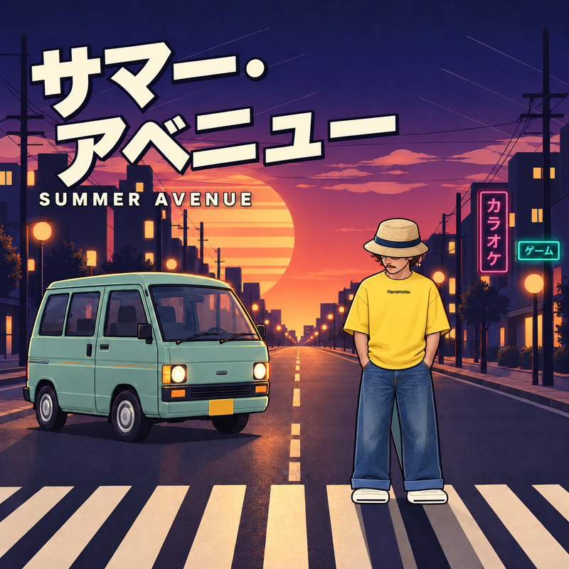 Summer Avenue album artwork: an illustrated evening Japanese street with a mint-green kei van and a figure in a yellow Hamamatsu T-shirt and short-brim straw hat, looking down.
