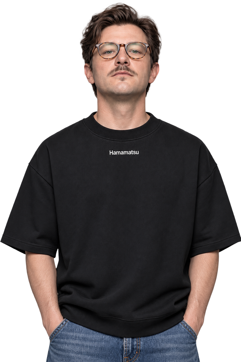 Portrait of the Project Hamamatsu character, chin raised, wearing a black Hamamatsu T-shirt.
